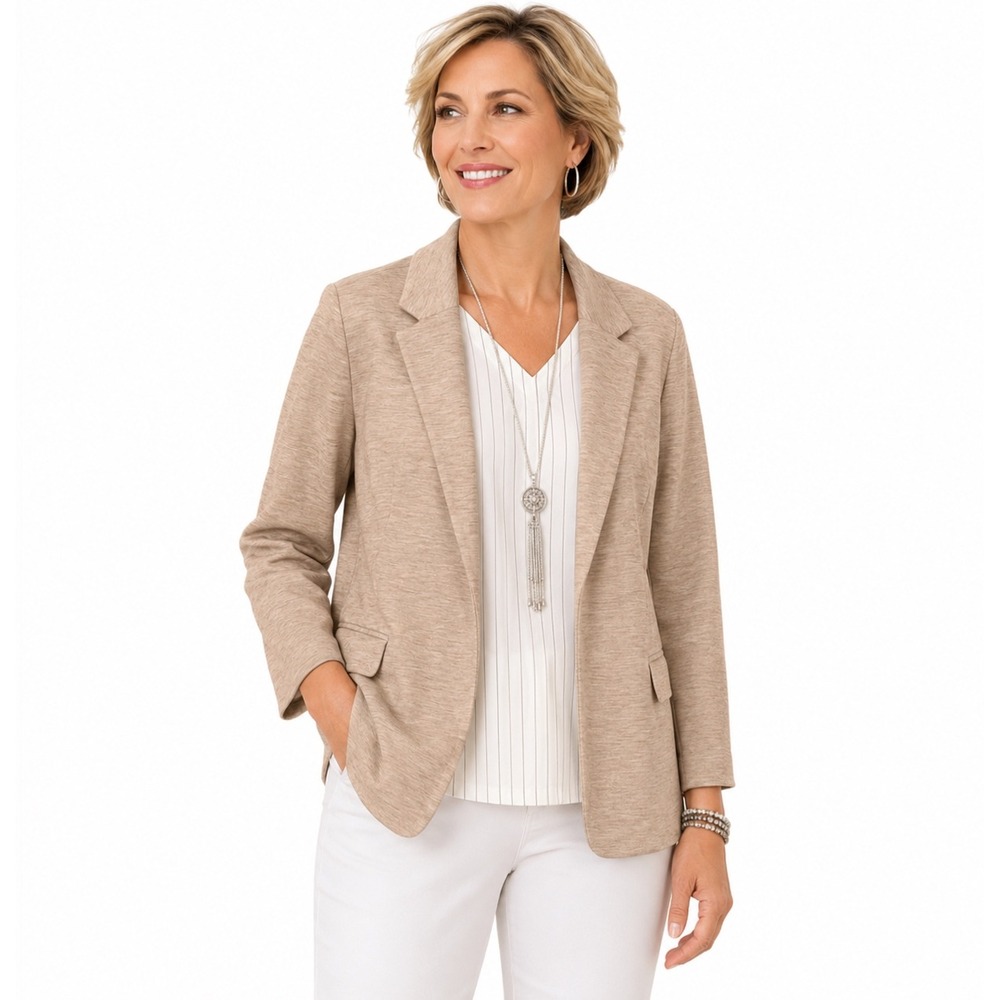 Chicos Tan Heathered Knit Open Front Blazer Jacket Sz 1 US 8/10 Pinstripe Lined